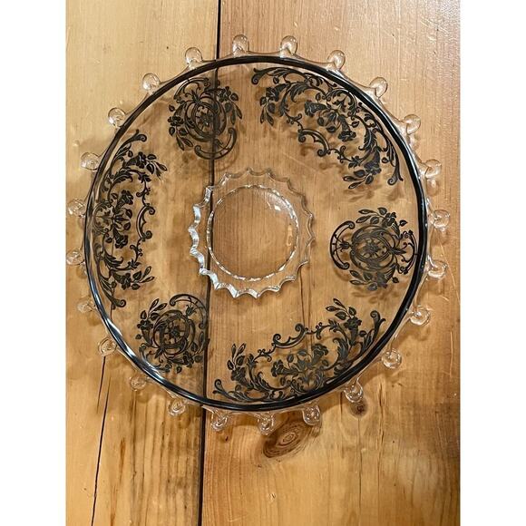 VTG? Heisey Lariat Round Platter w/ black floral over lay. footed. 10.5" dia - Picture 2 of 5